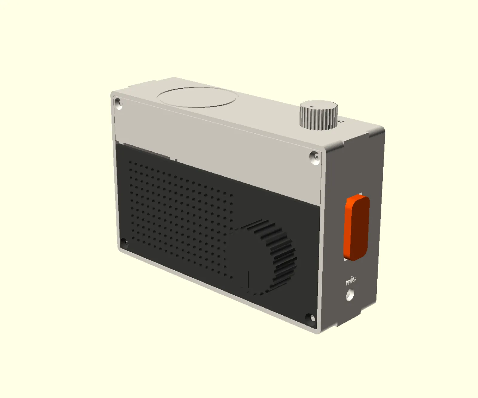 PIP 01 — bone-white radio with graphite grille and safety-orange paddle