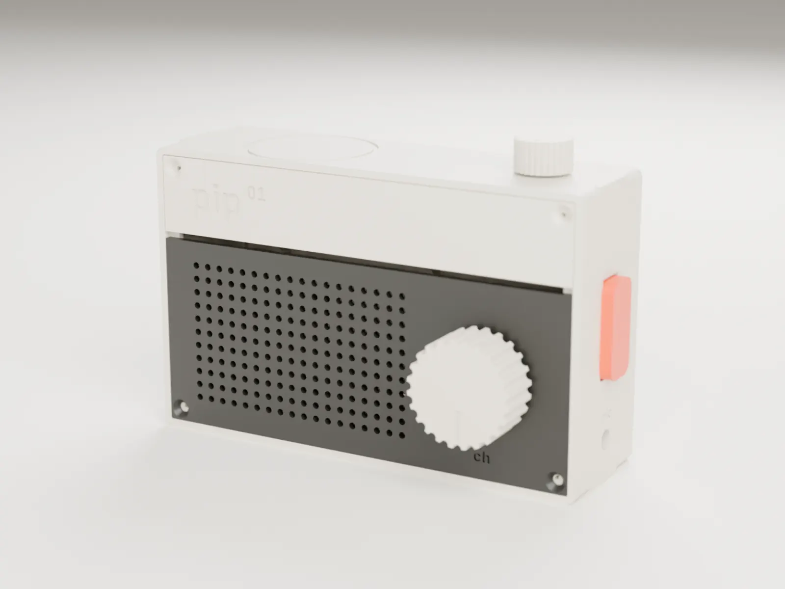 PIP 01 — bone-white radio with graphite grille and safety-orange paddle